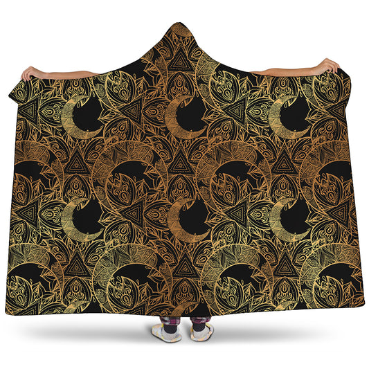 Black And Gold Celestial Pattern Print Hooded Blanket