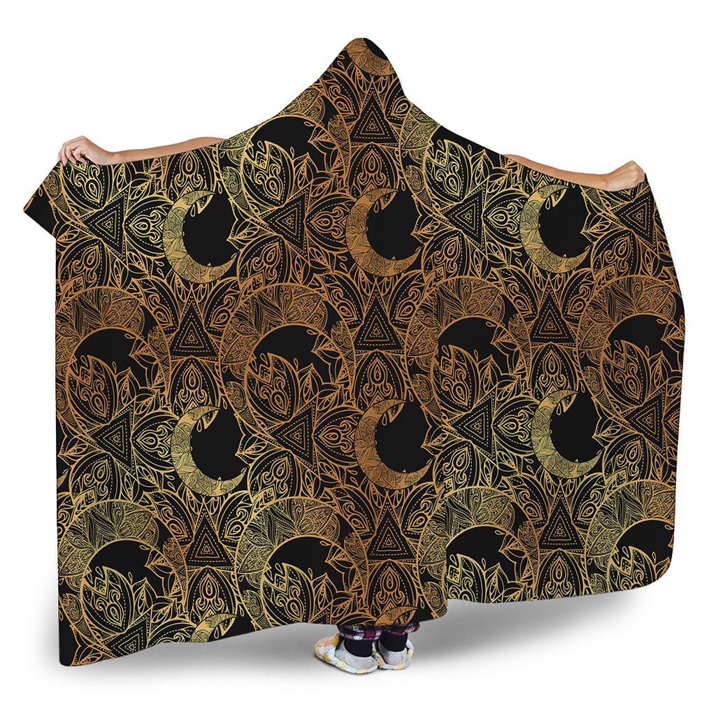 Black And Gold Celestial Pattern Print Hooded Blanket