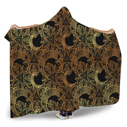 Black And Gold Celestial Pattern Print Hooded Blanket