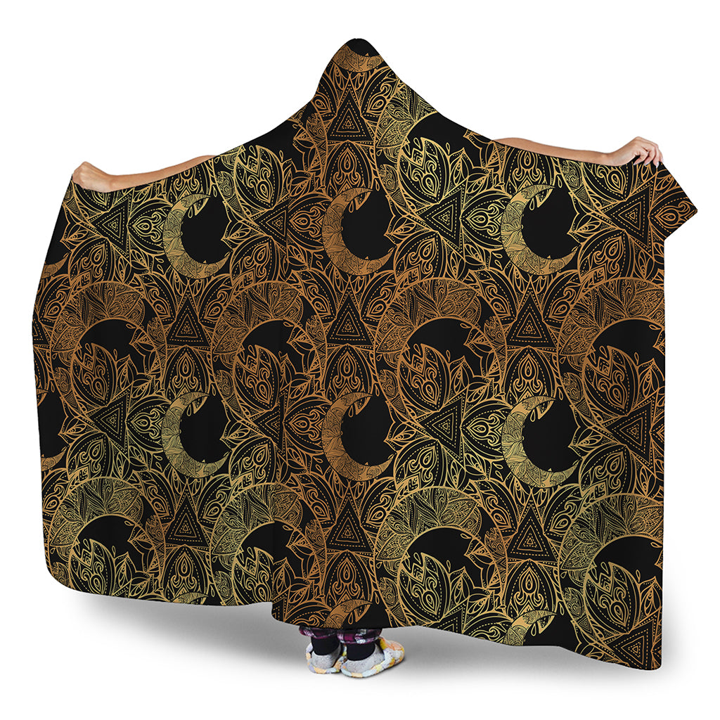 Black And Gold Celestial Pattern Print Hooded Blanket