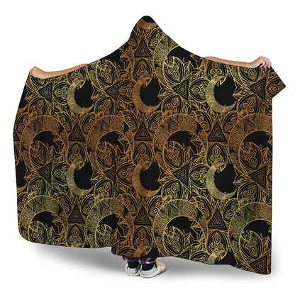 Black And Gold Celestial Pattern Print Hooded Blanket