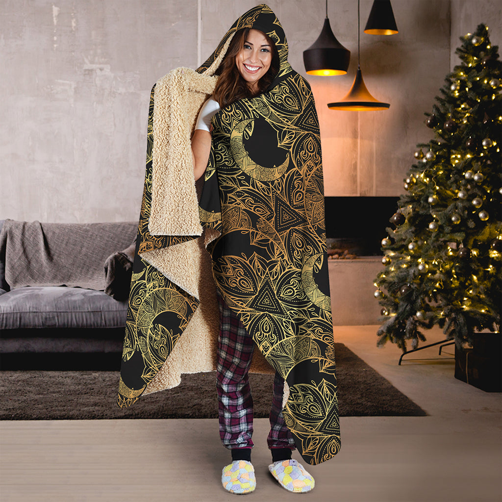 Black And Gold Celestial Pattern Print Hooded Blanket