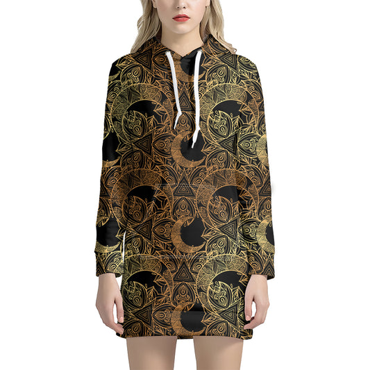 Black And Gold Celestial Pattern Print Hoodie Dress