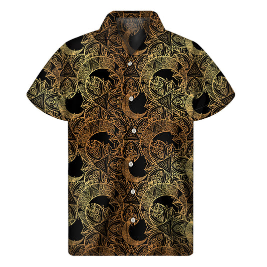 Black And Gold Celestial Pattern Print Men's Short Sleeve Shirt