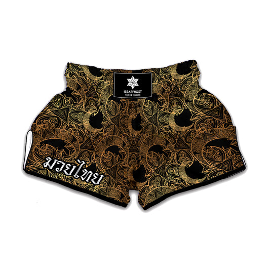 Black And Gold Celestial Pattern Print Muay Thai Boxing Shorts