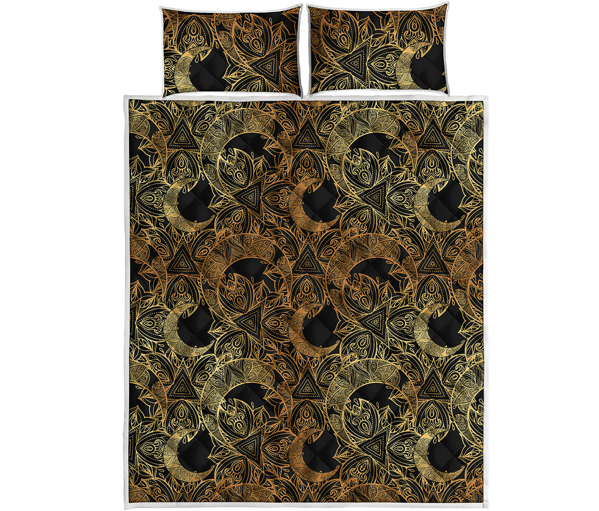 Black And Gold Celestial Pattern Print Quilt Bed Set
