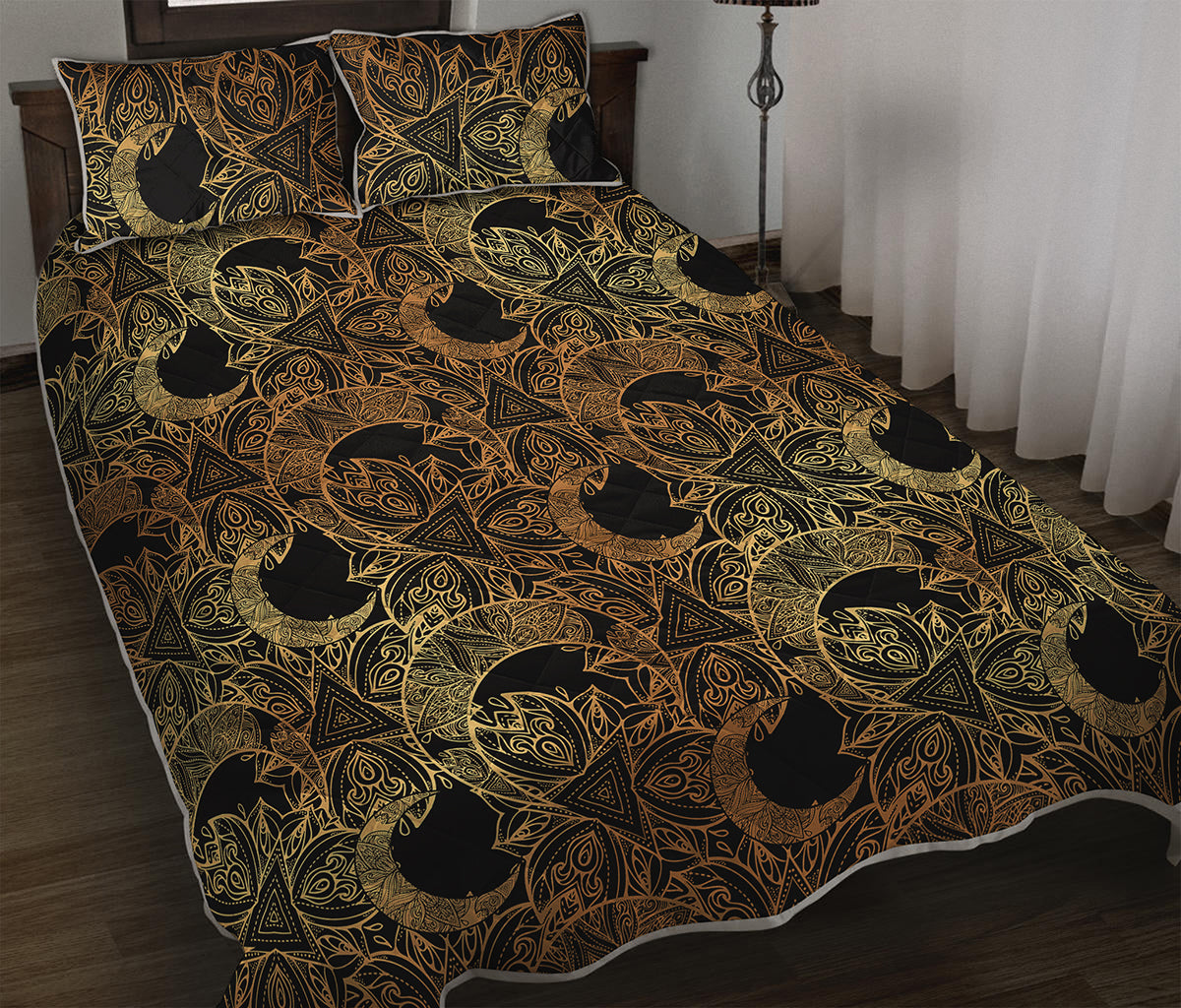 Black And Gold Celestial Pattern Print Quilt Bed Set