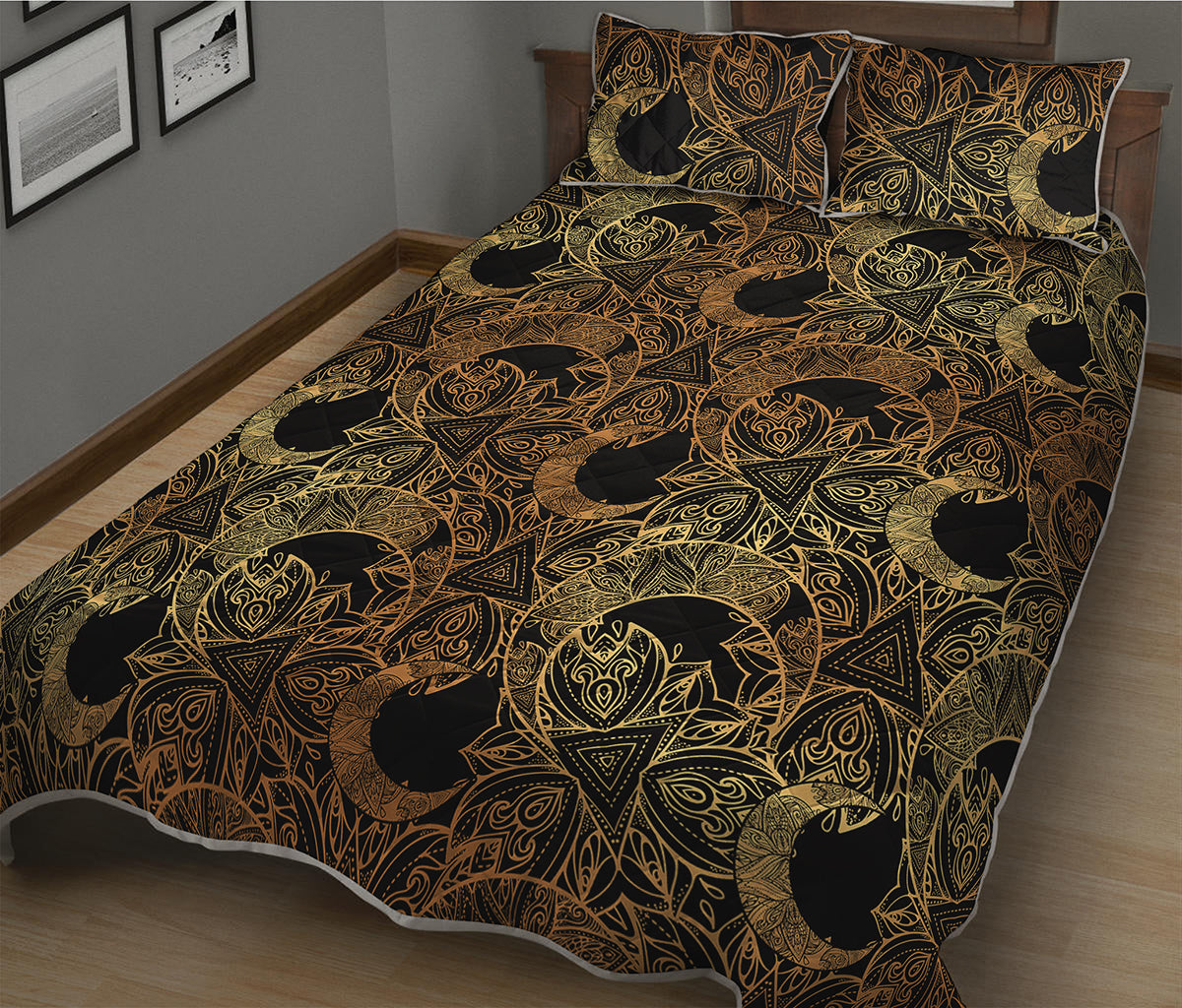 Black And Gold Celestial Pattern Print Quilt Bed Set