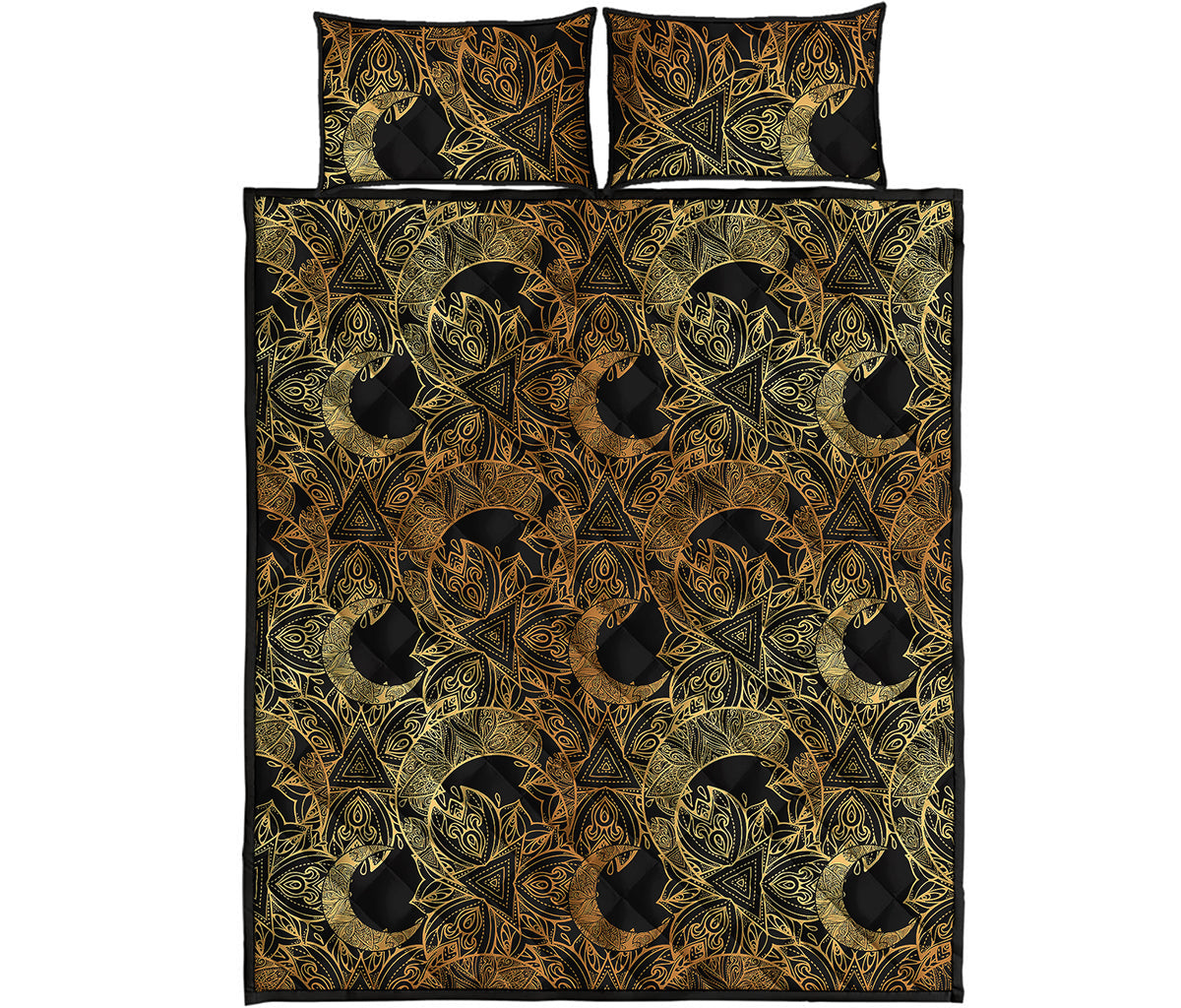 Black And Gold Celestial Pattern Print Quilt Bed Set