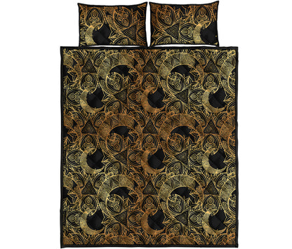 Black And Gold Celestial Pattern Print Quilt Bed Set