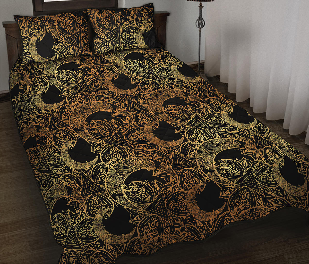 Black And Gold Celestial Pattern Print Quilt Bed Set