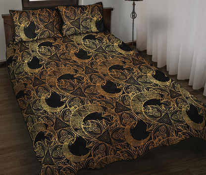 Black And Gold Celestial Pattern Print Quilt Bed Set