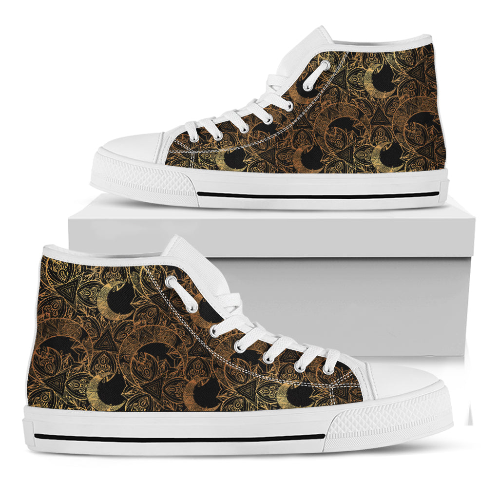 Black And Gold Celestial Pattern Print White High Top Shoes