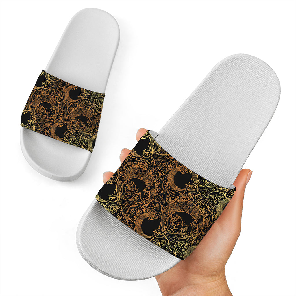 Black And Gold Celestial Pattern Print White Slide Sandals