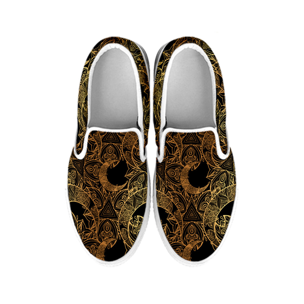 Black And Gold Celestial Pattern Print White Slip On Shoes