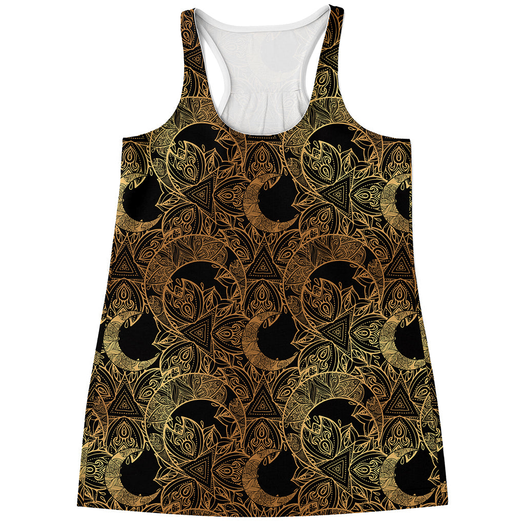 Black And Gold Celestial Pattern Print Women's Racerback Tank Top