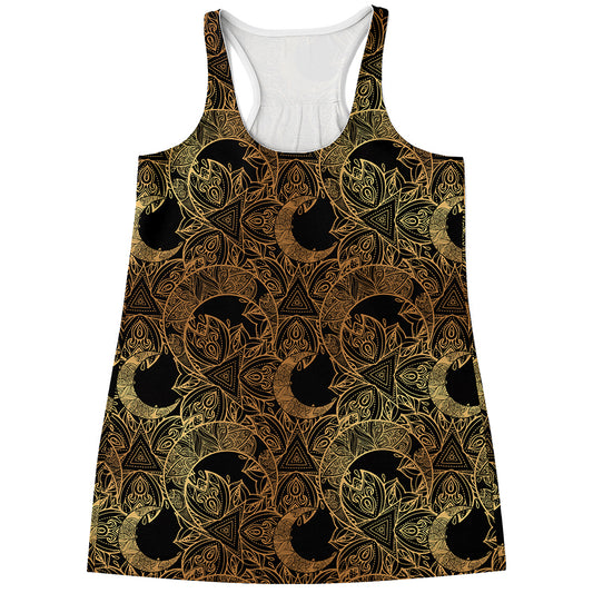 Black And Gold Celestial Pattern Print Women's Racerback Tank Top
