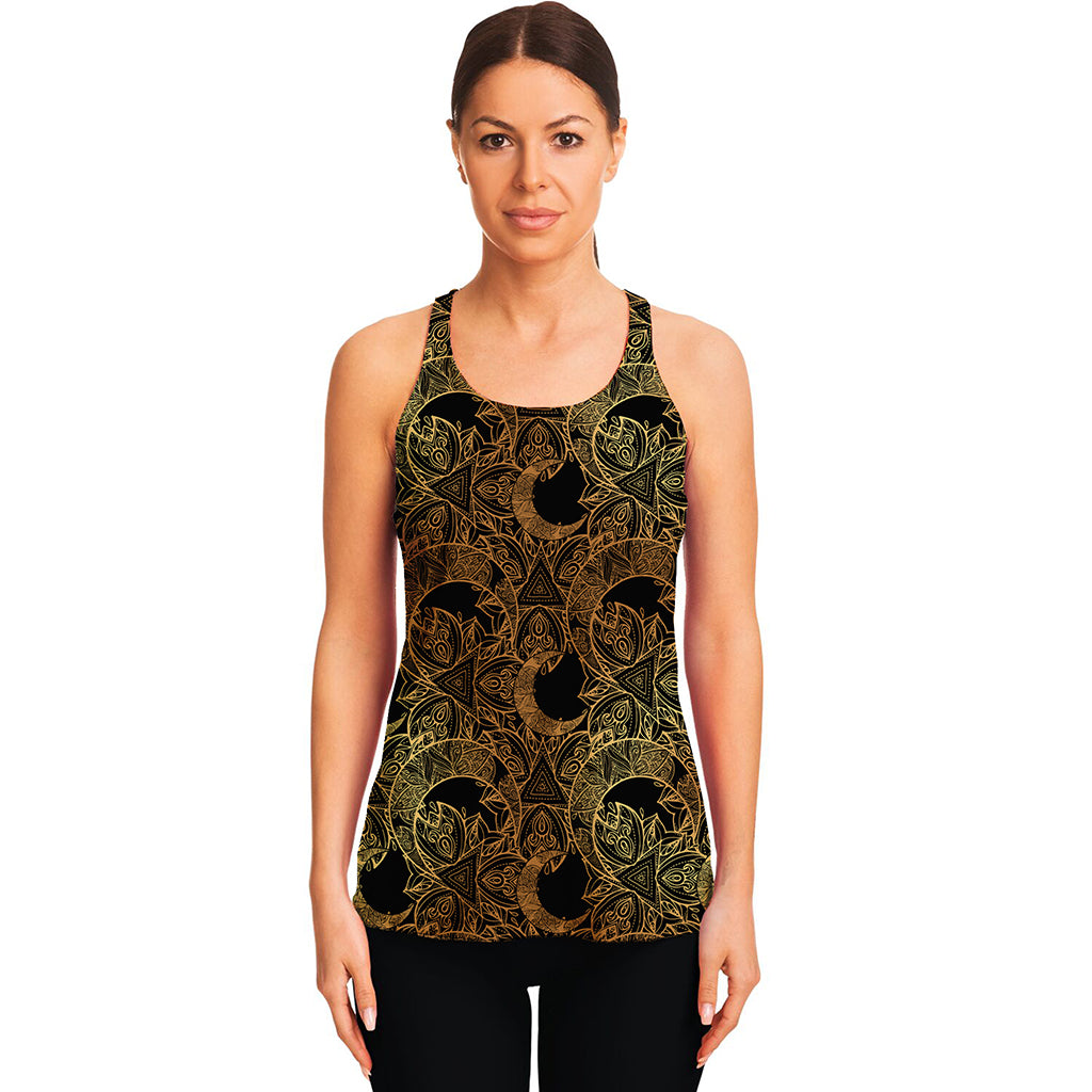 Black And Gold Celestial Pattern Print Women's Racerback Tank Top
