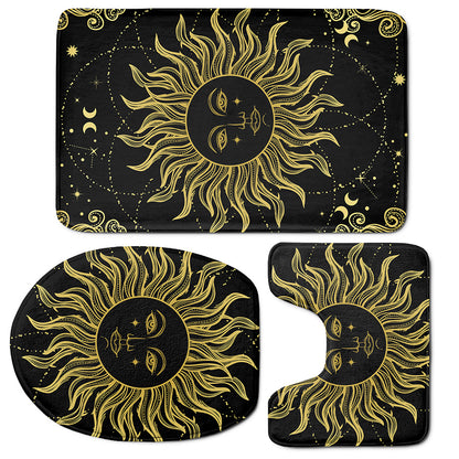 Black And Gold Celestial Sun Print 3 Piece Bath Mat Set