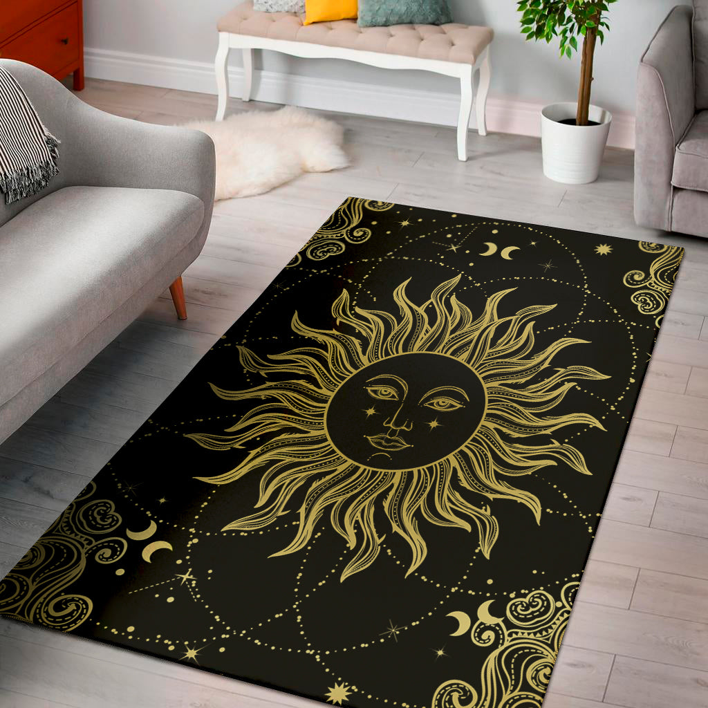 Black And Gold Celestial Sun Print Area Rug