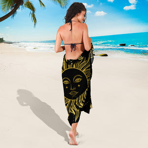 Black And Gold Celestial Sun Print Beach Sarong Wrap