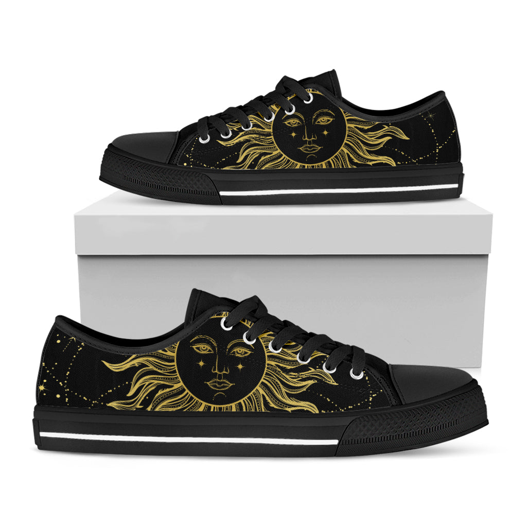 Black And Gold Celestial Sun Print Black Low Top Shoes 