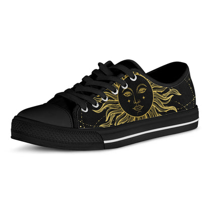 Black And Gold Celestial Sun Print Black Low Top Shoes 
