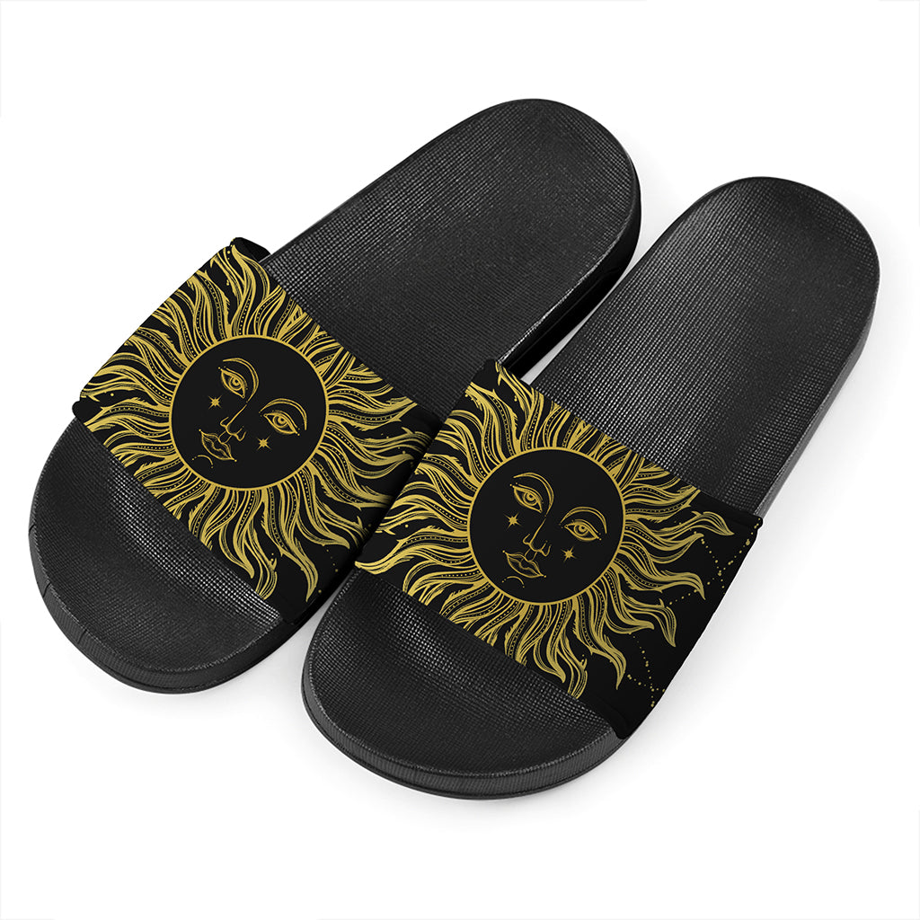 Black And Gold Celestial Sun Print Black Slide Sandals