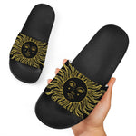 Black And Gold Celestial Sun Print Black Slide Sandals