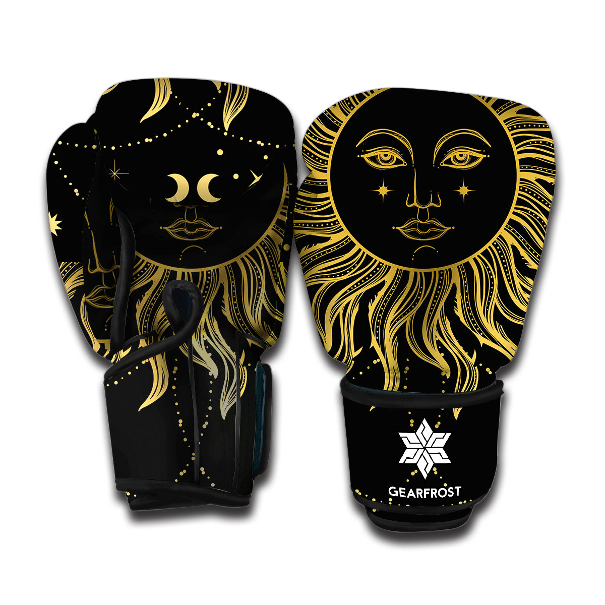 Black And Gold Celestial Sun Print Boxing Gloves