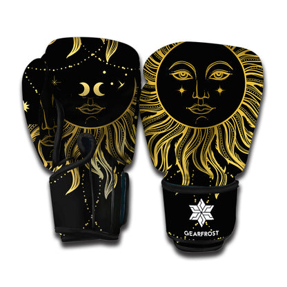 Black And Gold Celestial Sun Print Boxing Gloves