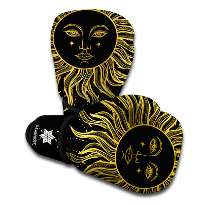 Black And Gold Celestial Sun Print Boxing Gloves