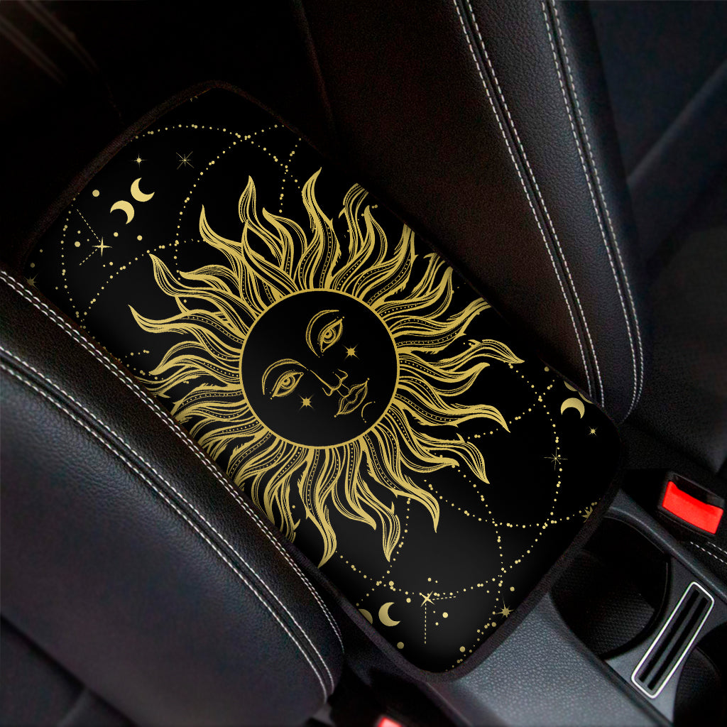 Black And Gold Celestial Sun Print Car Center Console Cover