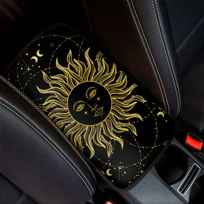 Black And Gold Celestial Sun Print Car Center Console Cover