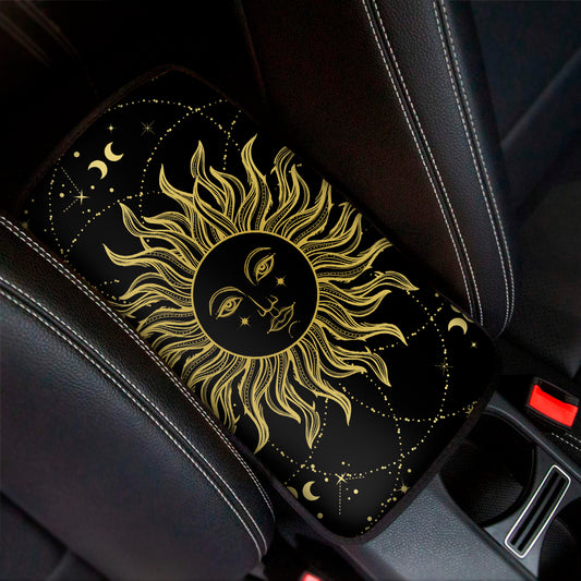 Black And Gold Celestial Sun Print Car Center Console Cover