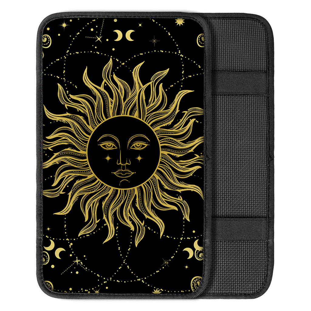 Black And Gold Celestial Sun Print Car Center Console Cover