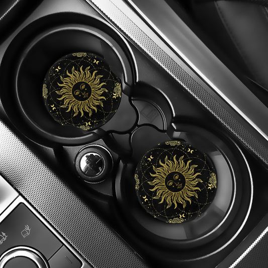 Black And Gold Celestial Sun Print Car Coasters