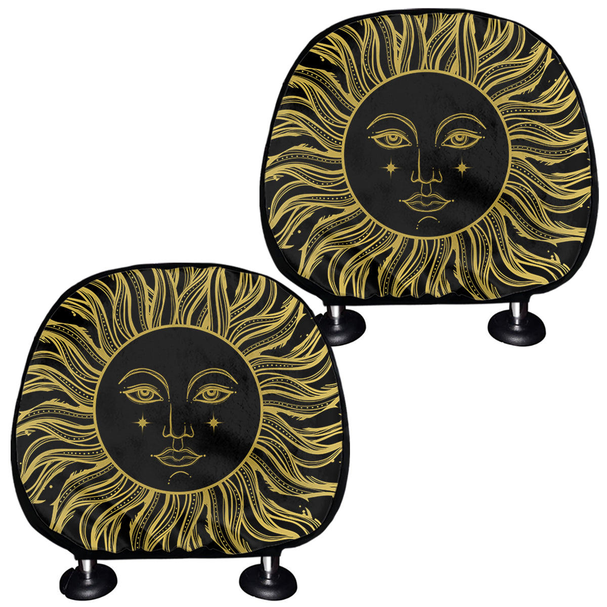 Black And Gold Celestial Sun Print Car Headrest Covers