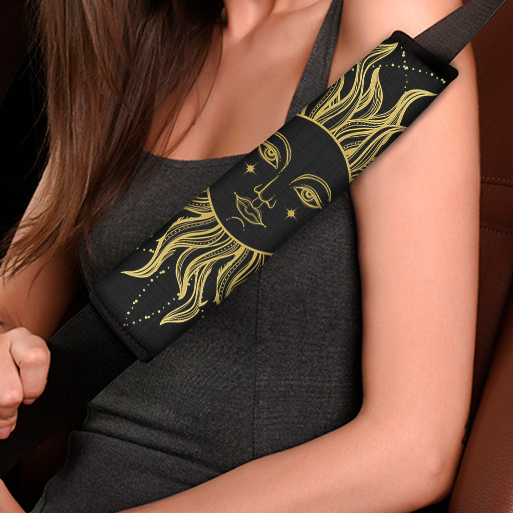 Black And Gold Celestial Sun Print Car Seat Belt Covers