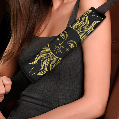 Black And Gold Celestial Sun Print Car Seat Belt Covers