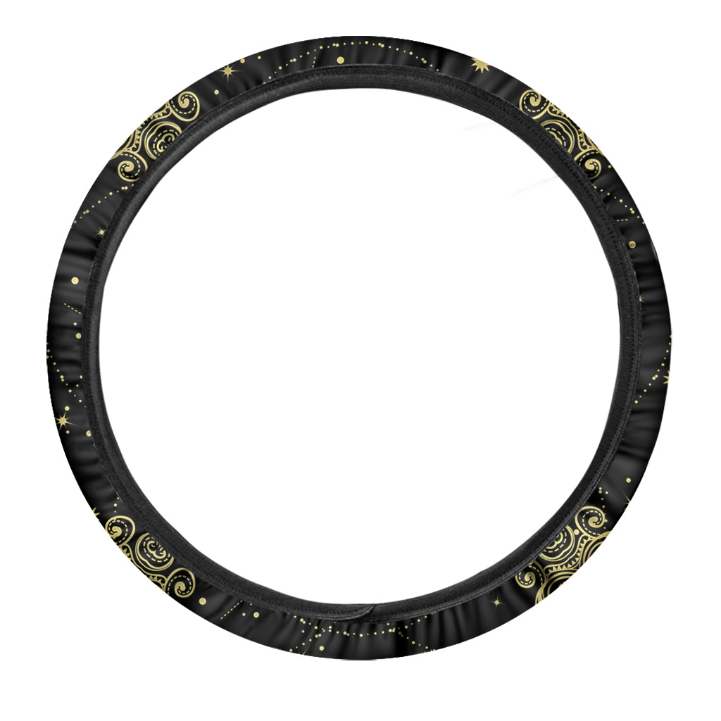 Black And Gold Celestial Sun Print Car Steering Wheel Cover