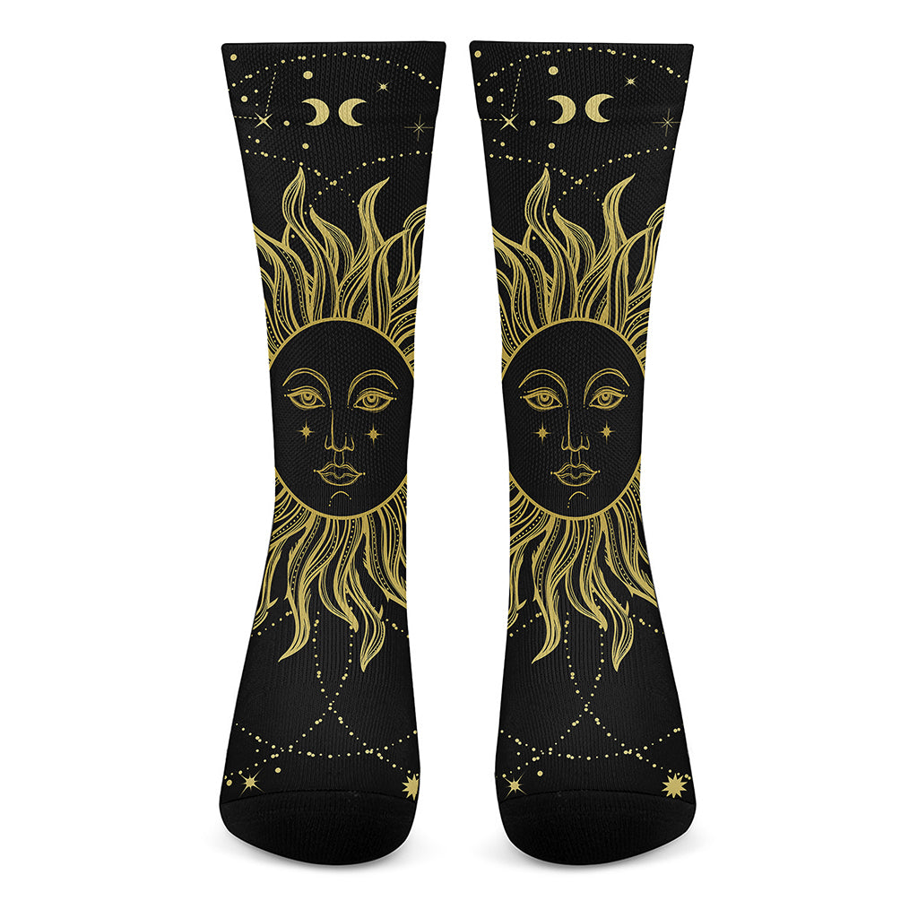 Black And Gold Celestial Sun Print Crew Socks