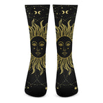 Black And Gold Celestial Sun Print Crew Socks