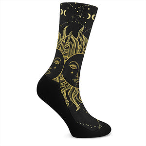 Black And Gold Celestial Sun Print Crew Socks