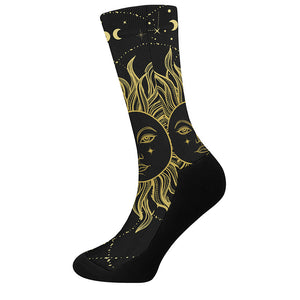 Black And Gold Celestial Sun Print Crew Socks