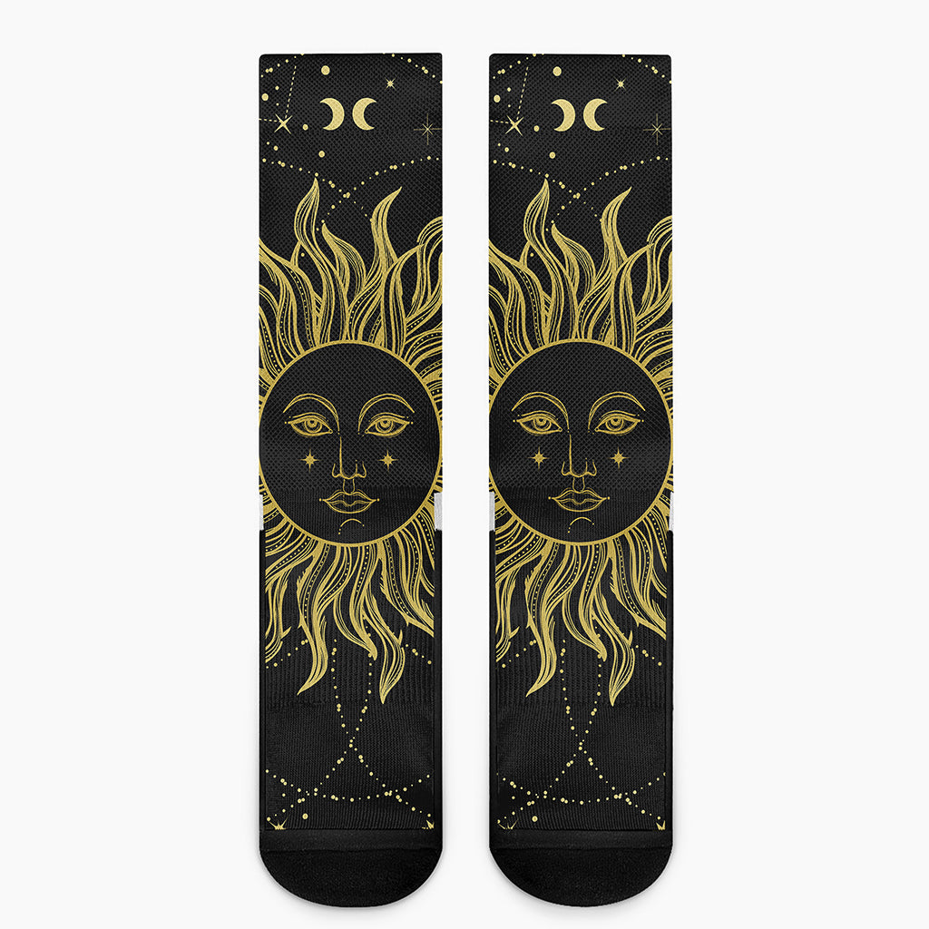 Black And Gold Celestial Sun Print Crew Socks