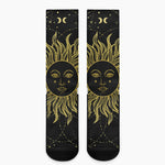 Black And Gold Celestial Sun Print Crew Socks