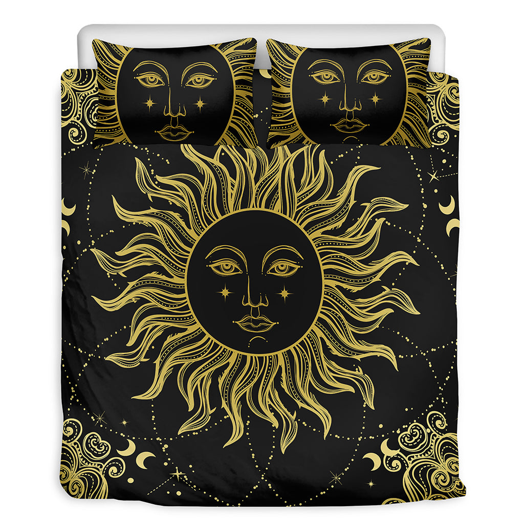 Black And Gold Celestial Sun Print Duvet Cover Bedding Set