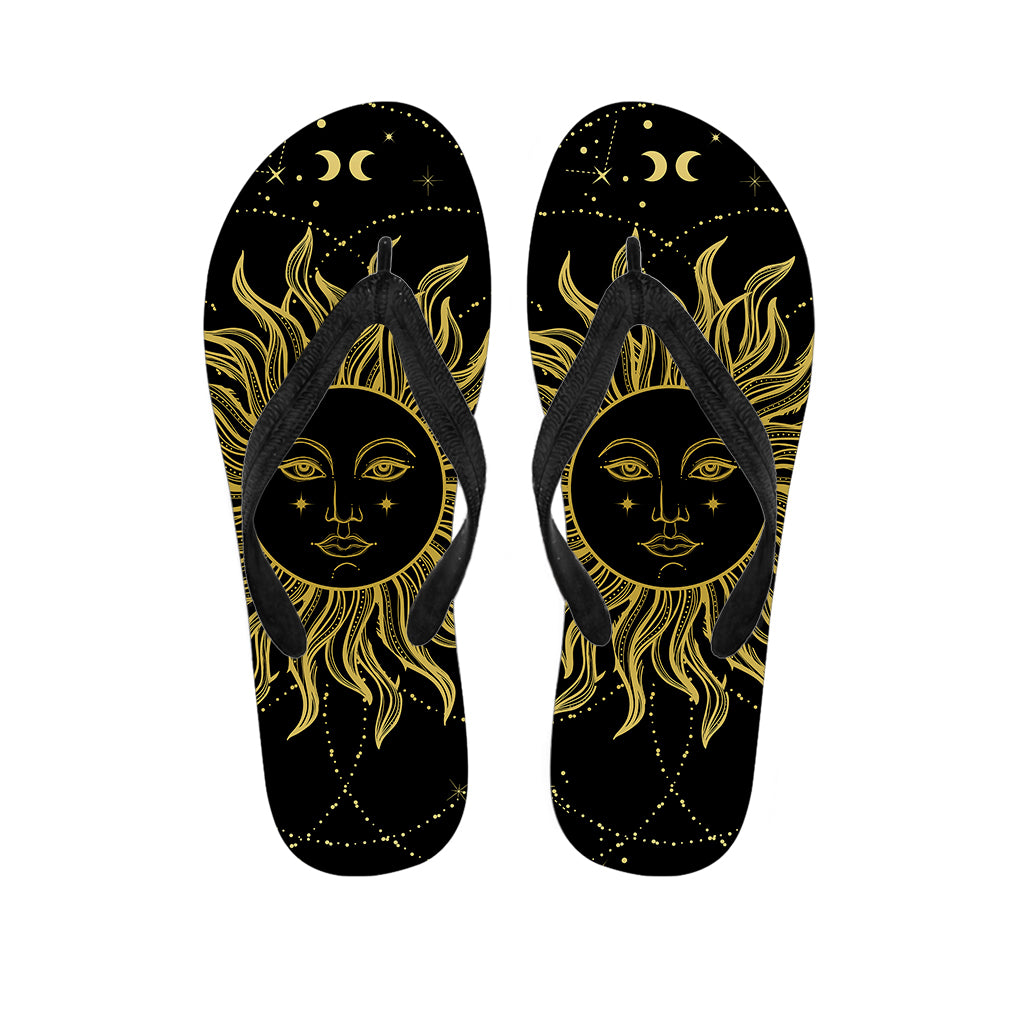 Black And Gold Celestial Sun Print Flip Flops