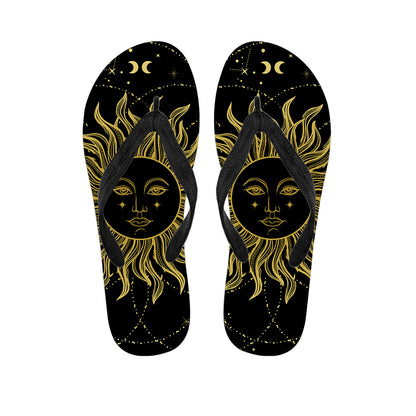 Black And Gold Celestial Sun Print Flip Flops